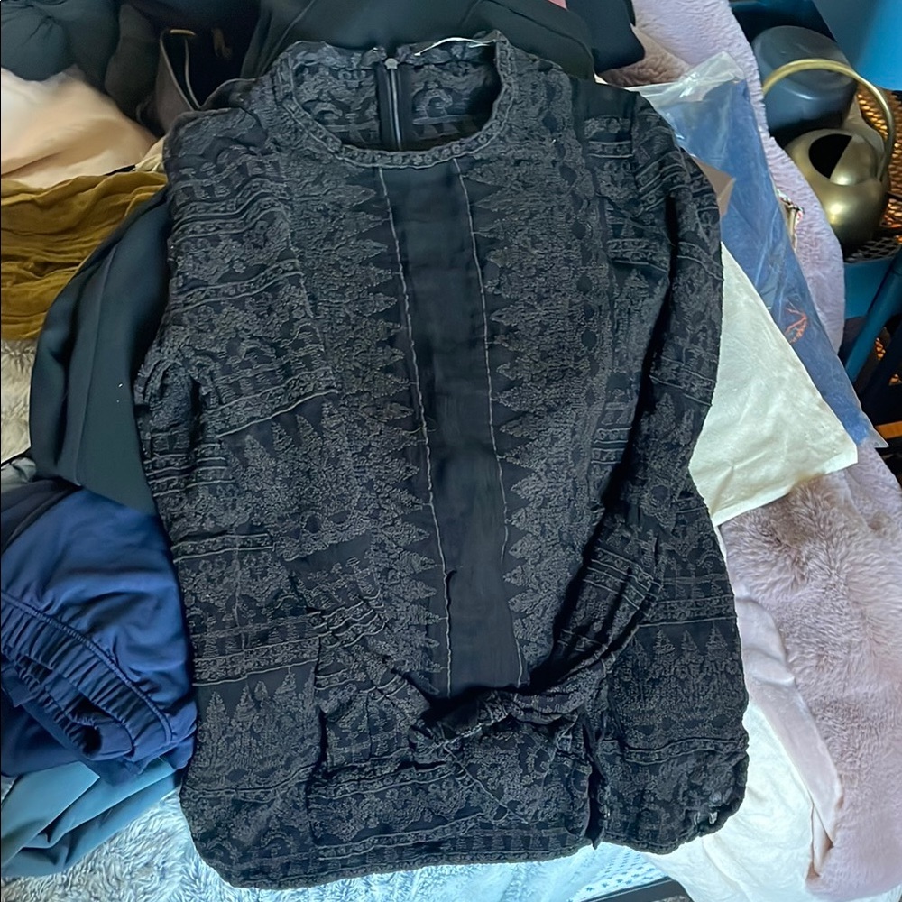 Black Patterned Long Sleeve Top